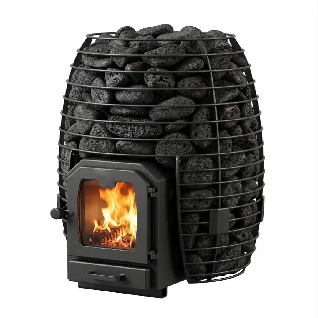 Una estufa para sauna de fierro y roca volcanica.