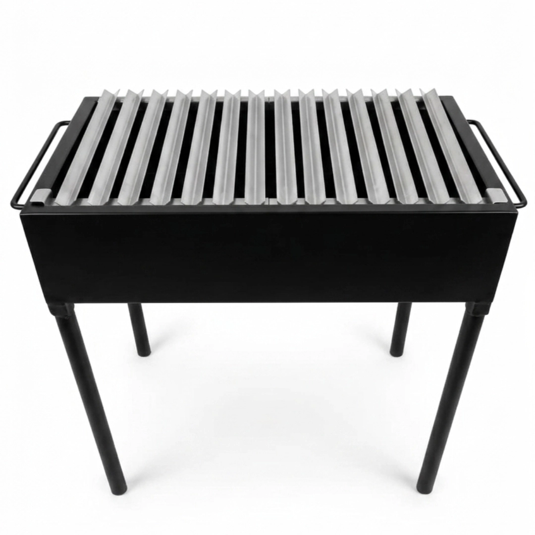 pancho de cajón de fierro con parrillas en V de acero inoxidable