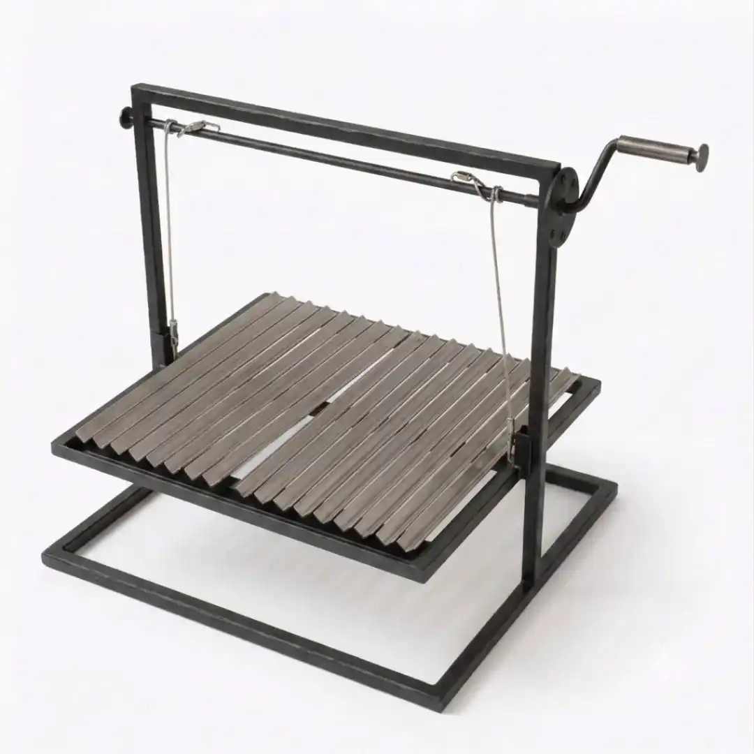 parrillas en forma de V y acumulador desmontables de acero inoxidable, en un marco con base y mecanismo de ajuste de altura lateral manual de de fierro pintado para altas temperaturas.