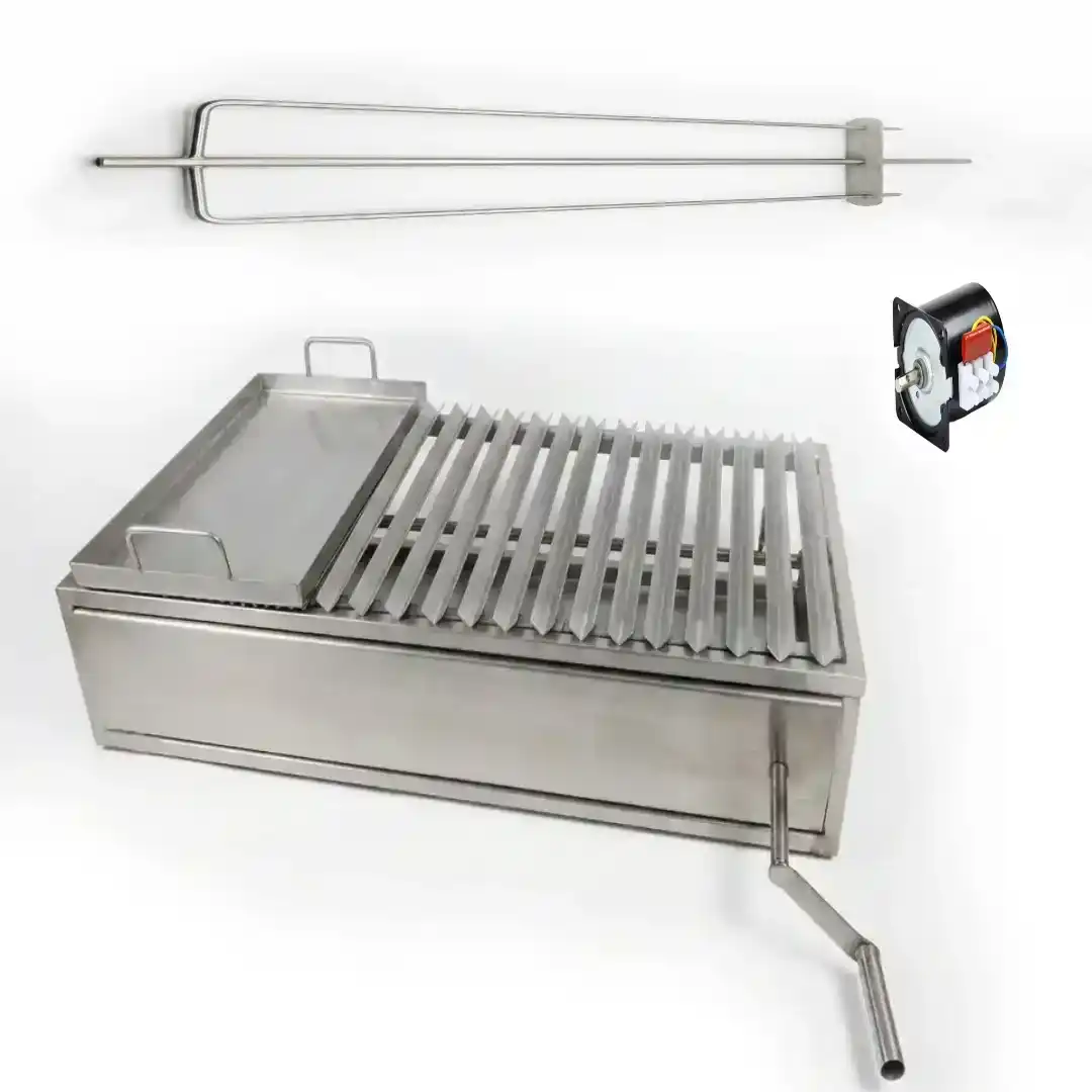 Unas parrillas de àngulo doblado en forma de V, churrasquera en marco con base alza parrilla frontal de acero inoxidable, un asador spiedo con .