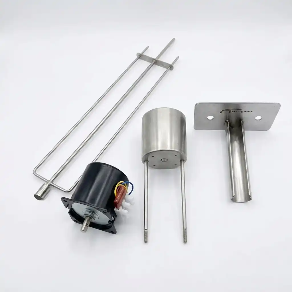 Un spiedo con motor y soportes de acero inoxidable para quincho.